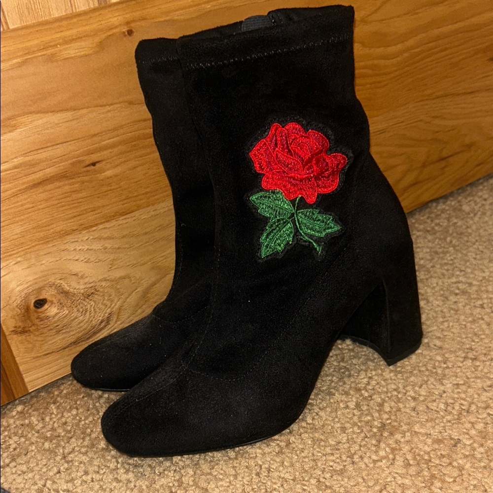 Charlotte Russe Black Suede-Look Ankle Boots with Red Rose Patch